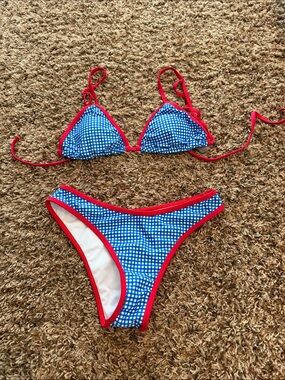 SHEIN Blue Gingham Triangle Bikini with Red Trim